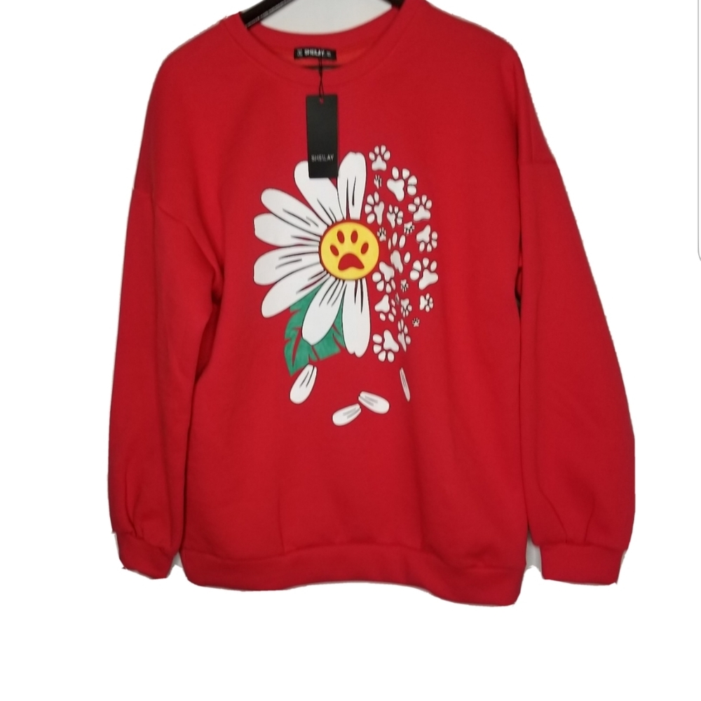 NEW Sheilay Women's Size Large Paw Prints/Flower Print Longsleeves Sweater NWT